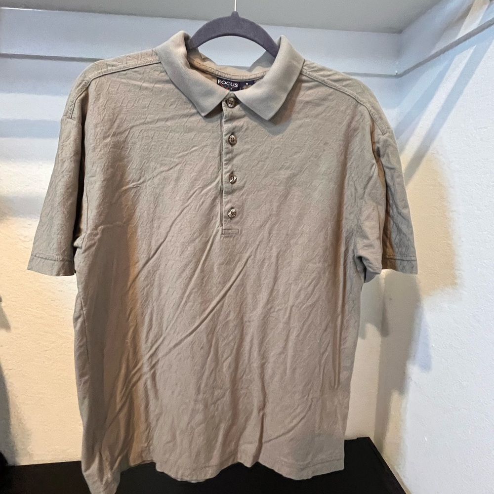 Focus Golf Polo Cross Stitch Pattern Gray Tan Size Small Made In Italy